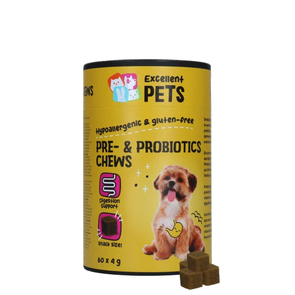 Ergänzungsfuttermittel für Hunde mit Präbiotika und Probiotika, 60 Stück – Excellent Pets Pre- & Probiotics Chews