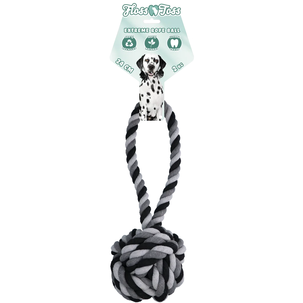 FLOS0018.png Hundespieltau aus Baumwolle mit Ball, 60 cm – Floss Toss Natural Dental Ropes Dental Rope Exteme Tug and Ball – Bild 1