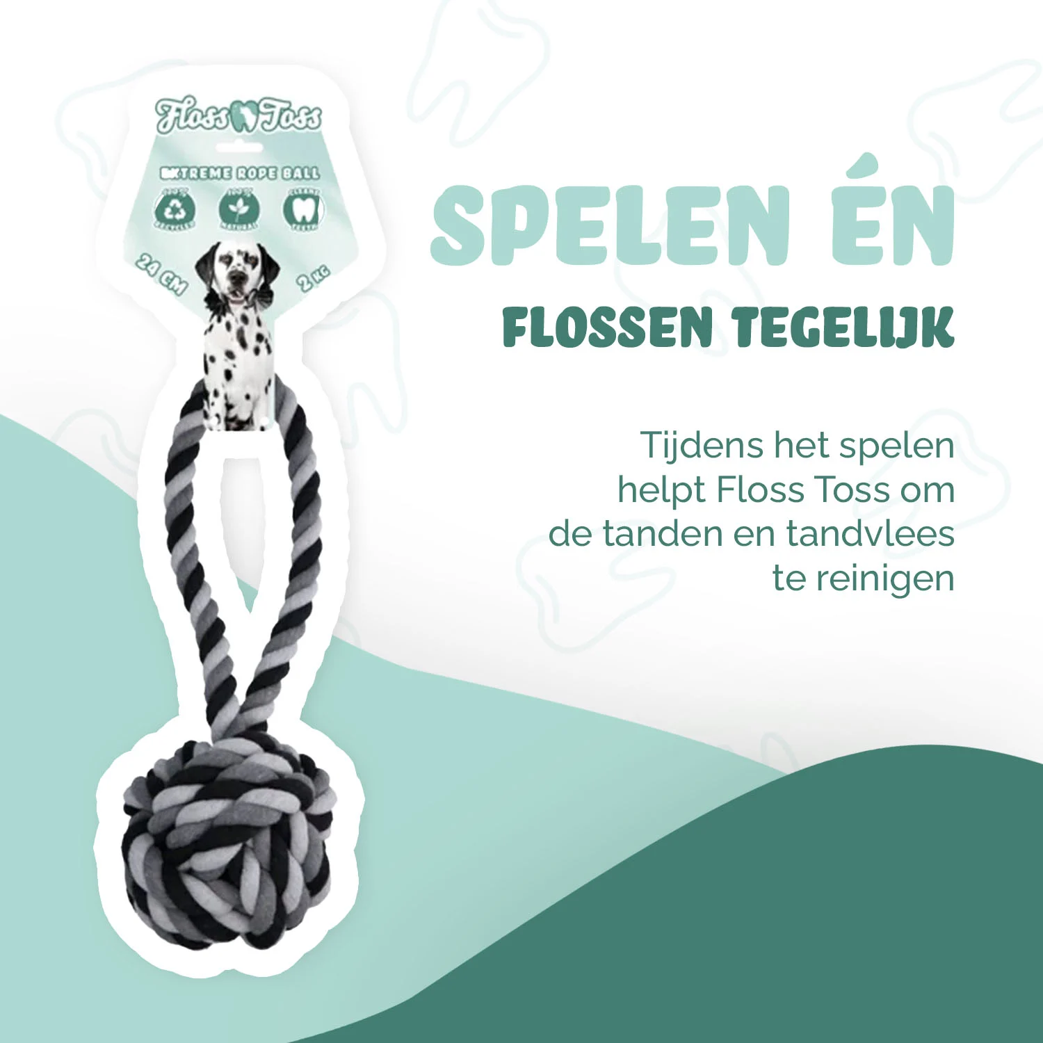 Hundespieltau aus Baumwolle mit Ball, 60 cm – Floss Toss Natural Dental Ropes Dental Rope Exteme Tug and Ball – Bild 2