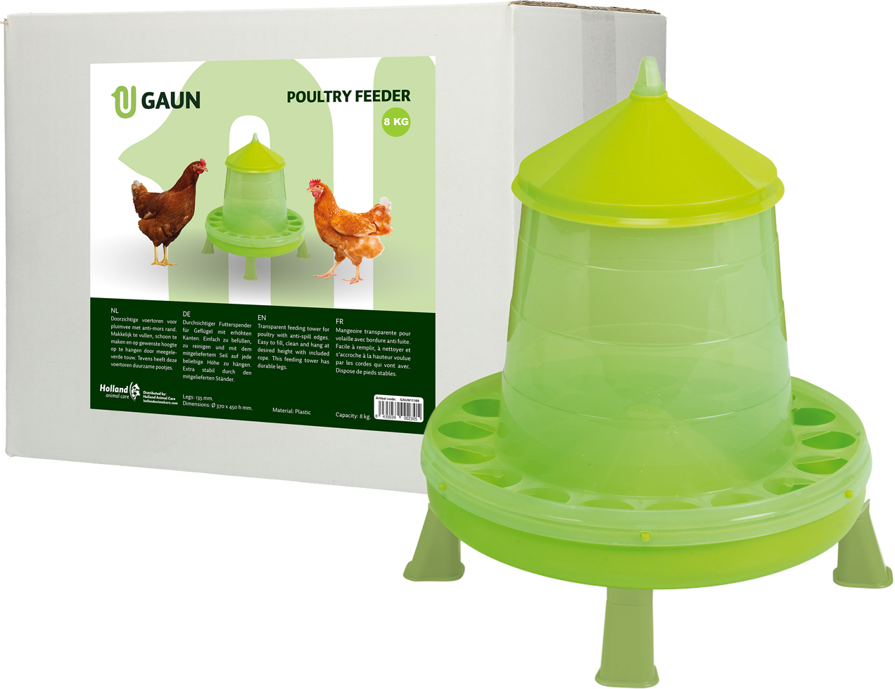 Voertoren voor Pluimvee op Pootjes Limoengroen 8 kg – Gaun Futterturm für Geflügel auf Füßen, limettengrün, 8 kg – Gaun