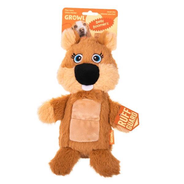 Hundekuscheltier aus Plüsch Biber mit Quietscherplatte und Quietscher – Growl Belly Boomerz Benny der Biber