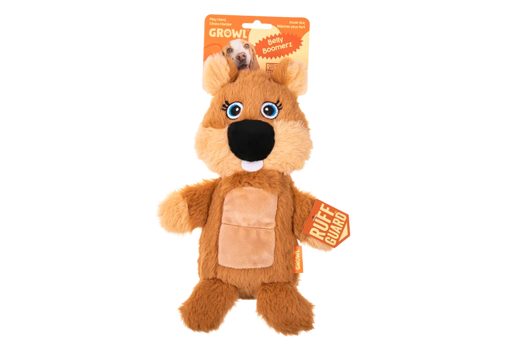 GROWL52003.png Hundekuscheltier aus Plüsch Biber mit Quietscherplatte und Quietscher – Growl Belly Boomerz Benny der Biber – Bild 1