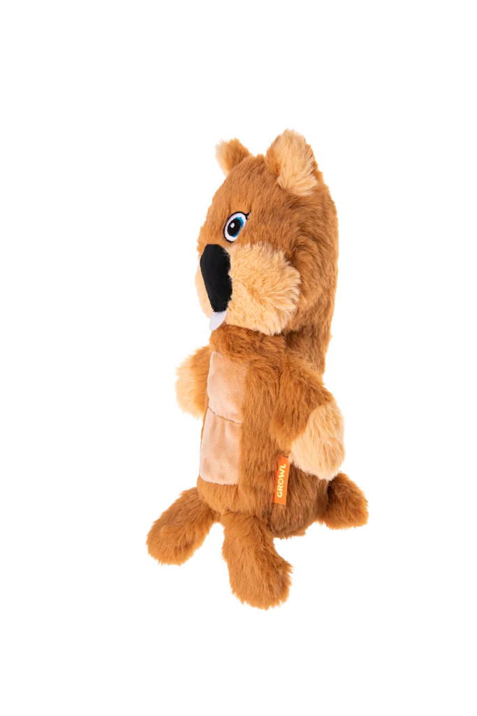 Hundekuscheltier aus Plüsch Biber mit Quietscherplatte und Quietscher – Growl Belly Boomerz Benny der Biber – Bild 3