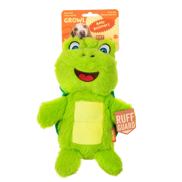 Plüsch Hundespielzeug Schildkröte mit Quietschmatte und Quietscher – Growl Belly Boomerz Tina die Schildkröte