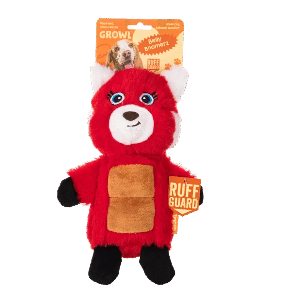 Plüsch Hundespielzeug Roter Panda mit Quietschmatte und Quietscher – Growl Belly Boomerz Riley der Rote Panda