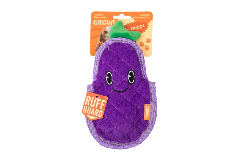 GROWL52010.png Quietschspielzeug für Hunde mit drei Quietschern – Growl Flip Floppz Eddie die Aubergine – Bild 1
