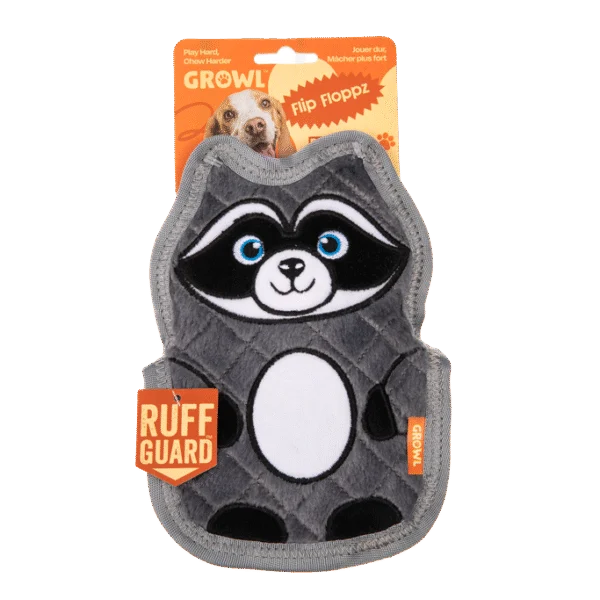 Hundespielzeug mit drei Quietschern – Growl Flip Floppz Randy der Waschbär