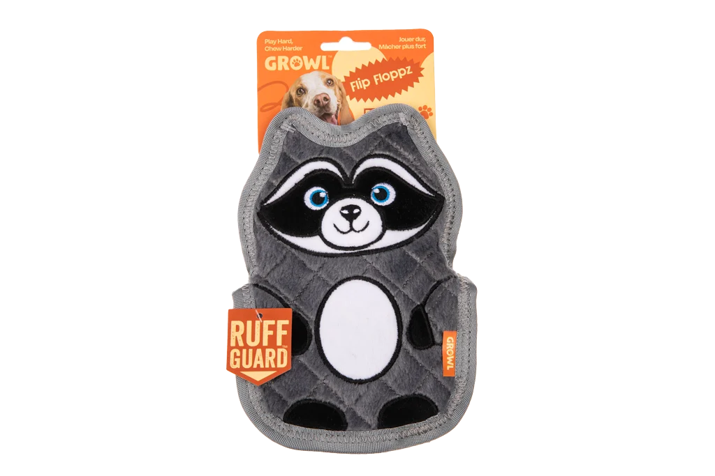 Hundespielzeug mit drei Quietschern – Growl Flip Floppz Randy der Waschbär – Bild 1