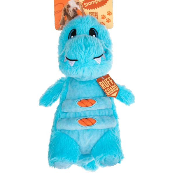 Plüsch Hundespielzeug mit Seil und großem Quietscher – Growl Stomperz Terry, der blaue Tyrannosaurus Rex