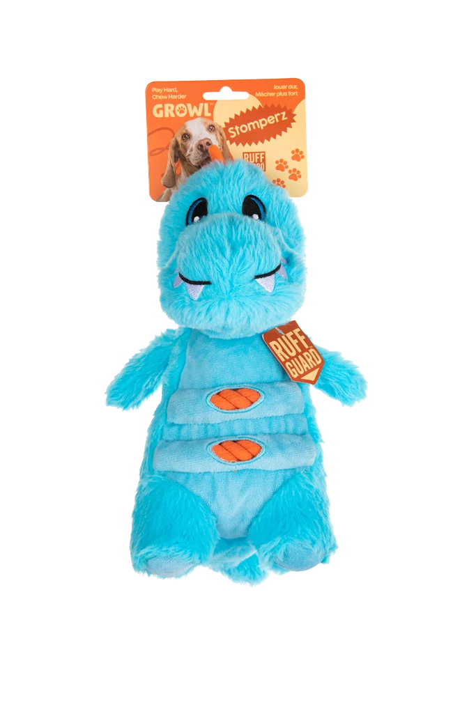 GROWL52015.png Plüsch Hundespielzeug mit Seil und großem Quietscher – Growl Stomperz Terry, der blaue Tyrannosaurus Rex – Bild 1