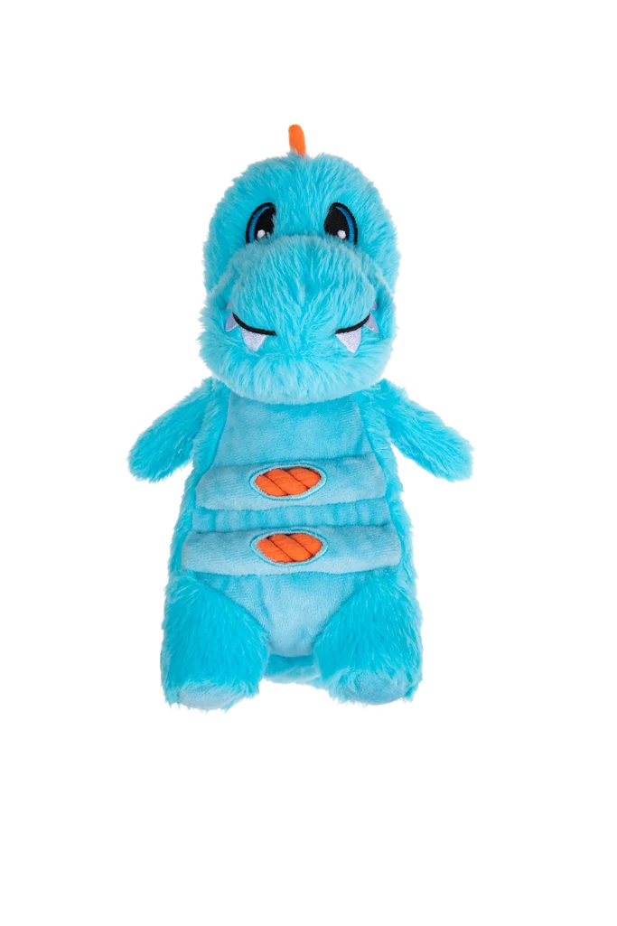 Plüsch Hundespielzeug mit Seil und großem Quietscher – Growl Stomperz Terry, der blaue Tyrannosaurus Rex – Bild 2