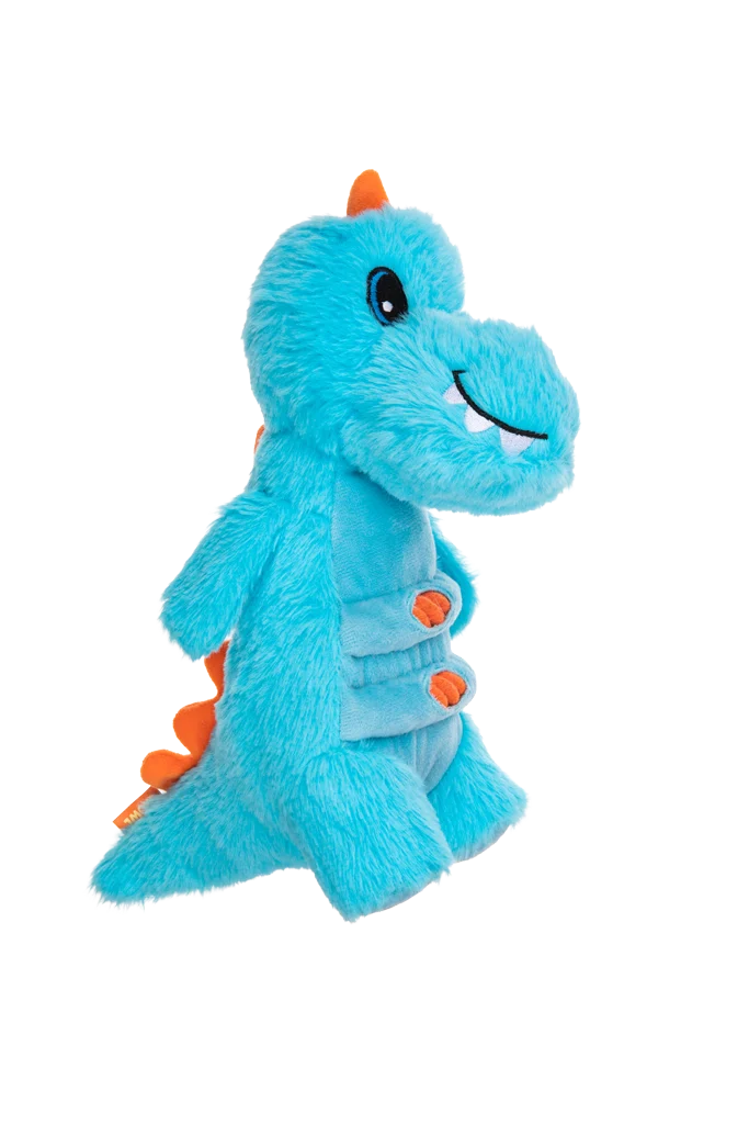 Plüsch Hundespielzeug mit Seil und großem Quietscher – Growl Stomperz Terry, der blaue Tyrannosaurus Rex – Bild 3