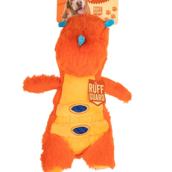 Plüsch Hundespielzeug mit Seil und großer Quietsche – Growl Stomperz Tina der orange Triceratops