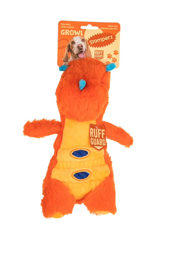 GROWL52016.png Plüsch Hundespielzeug mit Seil und großer Quietsche – Growl Stomperz Tina der orange Triceratops – Bild 1