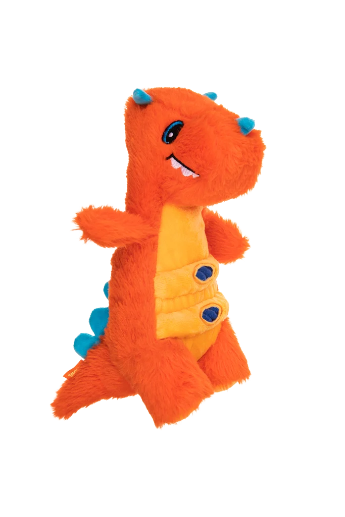 Plüsch Hundespielzeug mit Seil und großer Quietsche – Growl Stomperz Tina der orange Triceratops – Bild 3