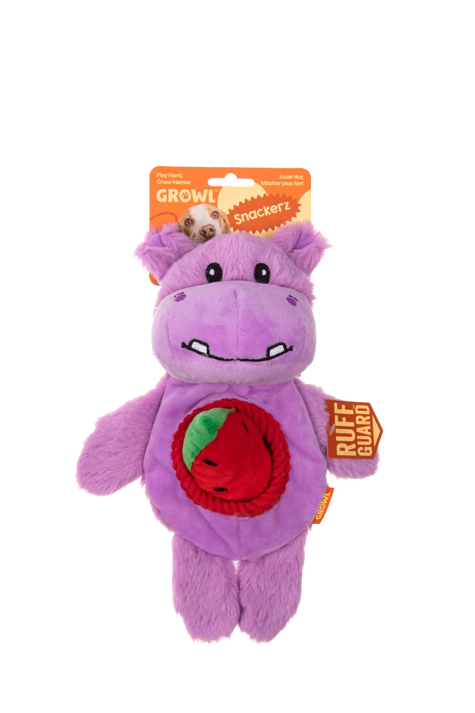 Plüsch-Hundespielzeug mit 2 Quietschern und verstecktem Spielzeug – Growl Snackerz Hilda the Hippo – Bild 1
