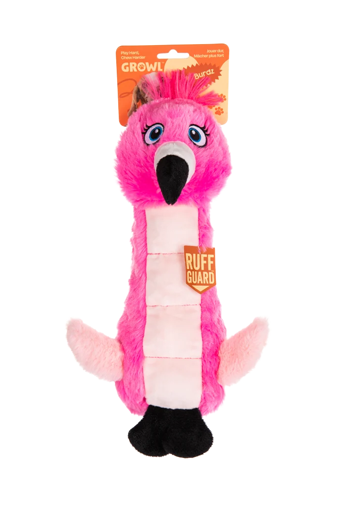 Plüsch Hundespielzeug Flamingo mit Knistermatte und Quietscher – Growl Belly Burdz Fione der Flamingo – Bild 1