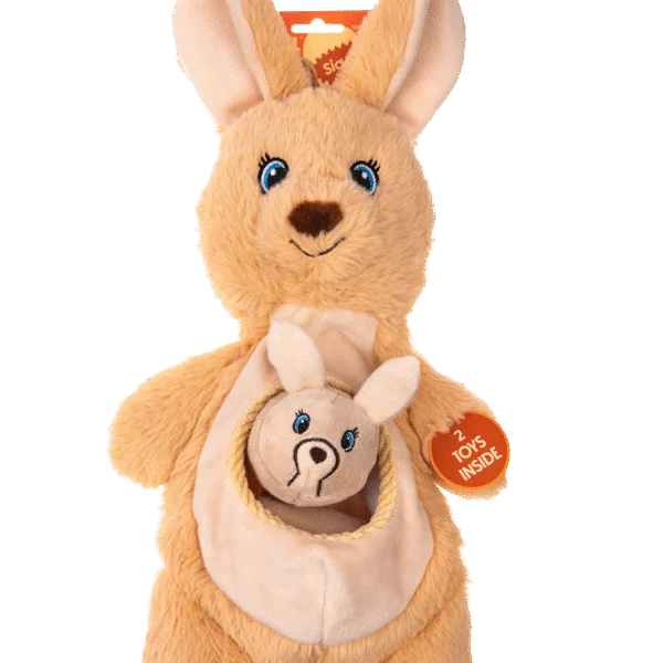 Plüsch Hundekuscheltier mit Quietschern und 2 versteckten Spielzeugen – Growl Sidekicks Kanga Joey