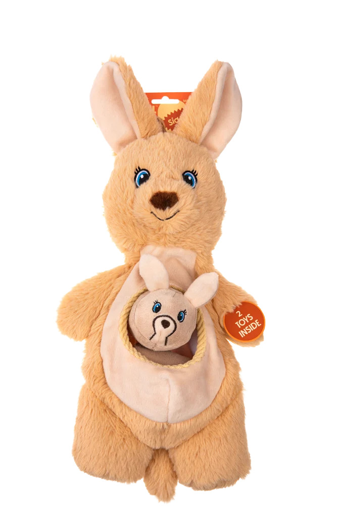 GROWL52042.png Plüsch Hundekuscheltier mit Quietschern und 2 versteckten Spielzeugen – Growl Sidekicks Kanga Joey – Bild 1