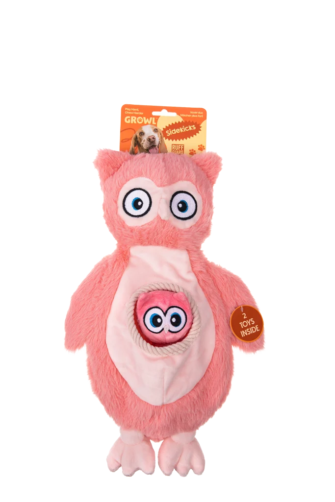 GROWL52044.png Hundekuscheltier aus Plüsch mit Quietschern und 2 versteckten Spielzeugen – Growl Sidekicks Hoot und Hootlet – Bild 1
