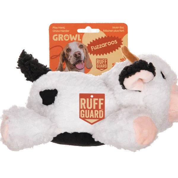 Hundekuscheltier aus Sherpa Plüsch mit großem Quietscher – Growl Fuzzaroos Coco, die Kuh
