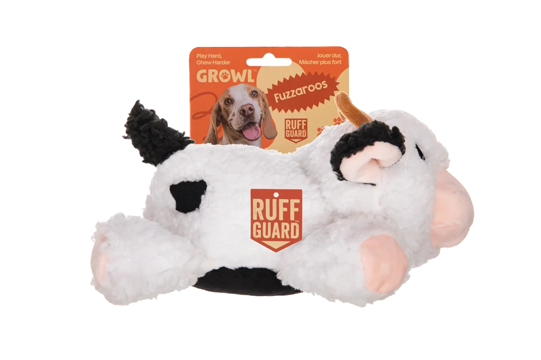 Hundekuscheltier aus Sherpa Plüsch mit großem Quietscher – Growl Fuzzaroos Coco, die Kuh – Bild 1