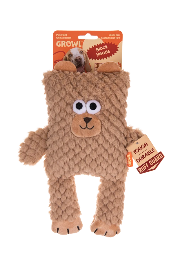 Plüschhundespielzeug in Blockform mit Quietscher – Growl Block Heads Boxy der Bär – Bild 1