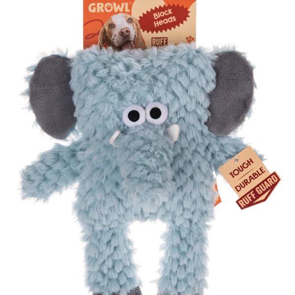 Plüschhundespielzeug mit Blockform und Quietscher – Growl Block Heads Trunky der Elefant