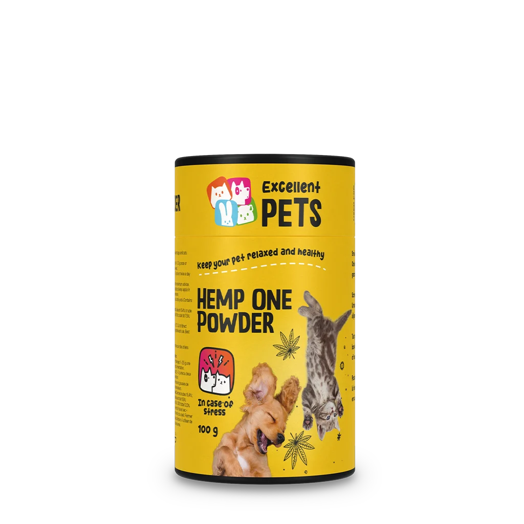 HEMP0006.png Hanfblütenpulver für Hunde und Katzen mit Johannisbrot, 100 g – Excellent Pets Hemp One Powder – Bild 1