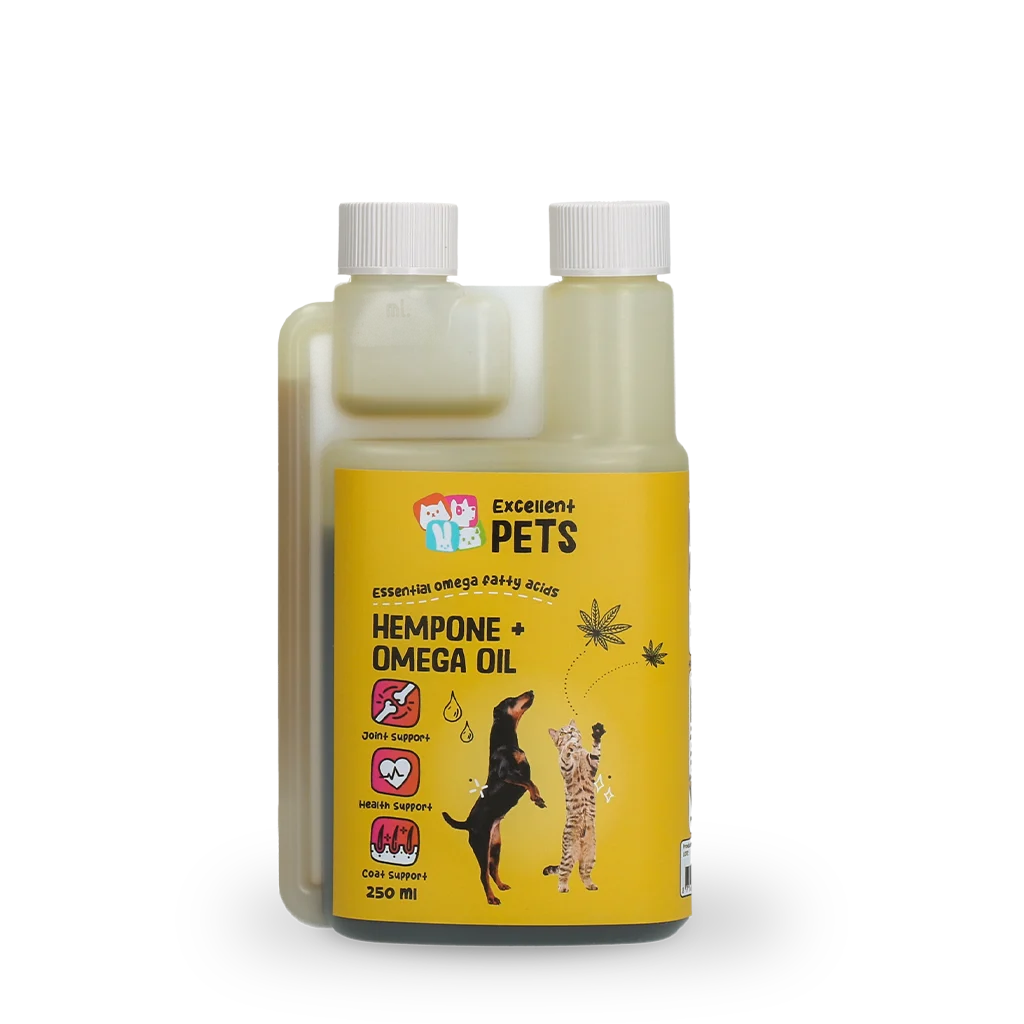 HEMP0251.png Ölmischung für Hunde und Katzen mit Hanfsamenöl, 250 ml – Excellent Pets HempOne + Omega Oil – Bild 1