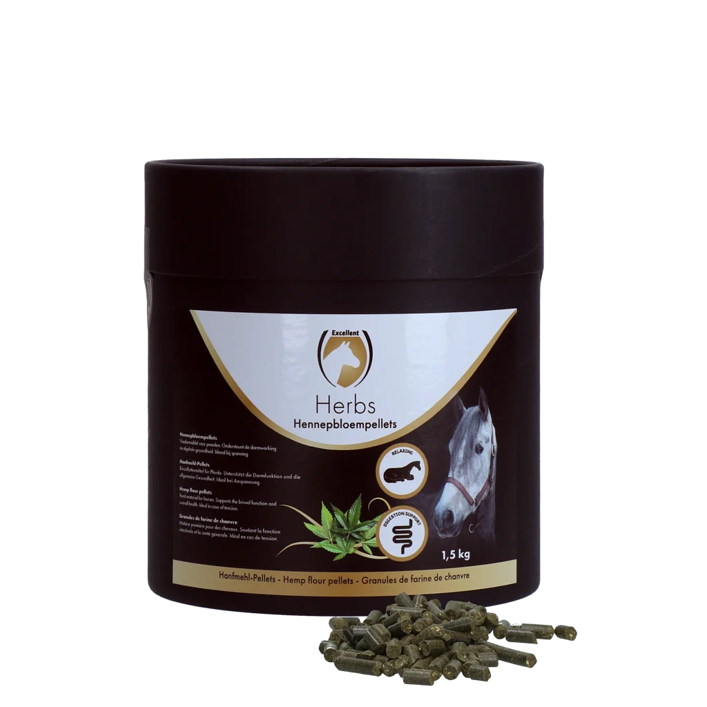 HERB052.png Hanfblütenpellets für Pferde zur Unterstützung der Darmfunktion, 1,5 kg – Excellent Horse Herbs Hanfblütenpellets – Bild 1