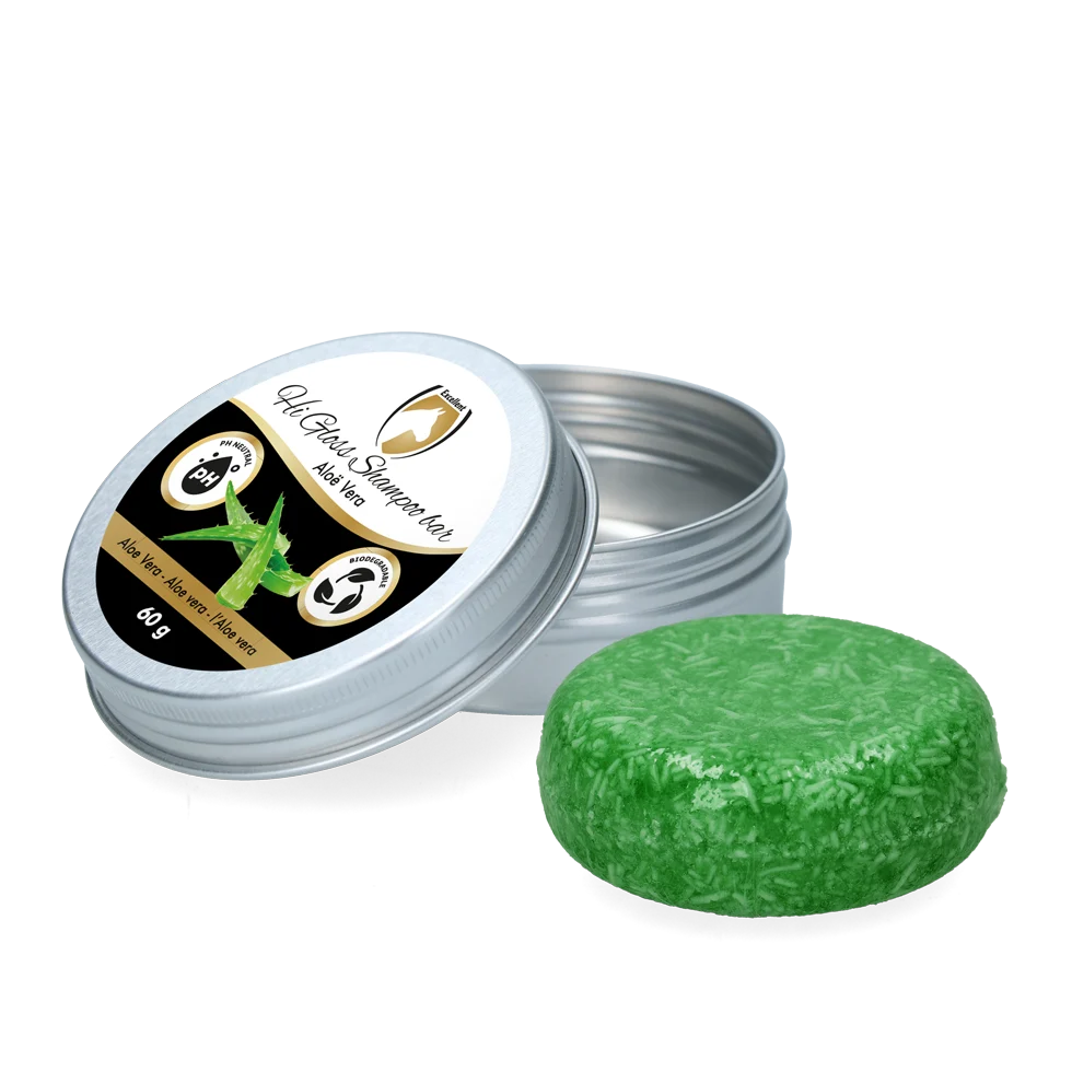 HIGL6053.png Festes Pferdeshampoo mit Conditioner, Aloe Vera, 60 g – Excellent Horse Hi Gloss Shampoo Bar – Bild 1