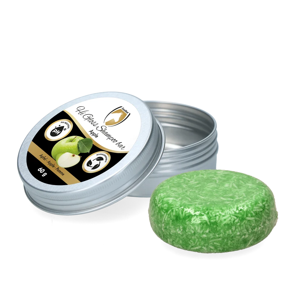 HIGL6057.png Festes Pferdeshampoo mit Pflegespülung, Apfel, 60 g – Excellent Horse Hi Gloss Shampoo Bar – Bild 1