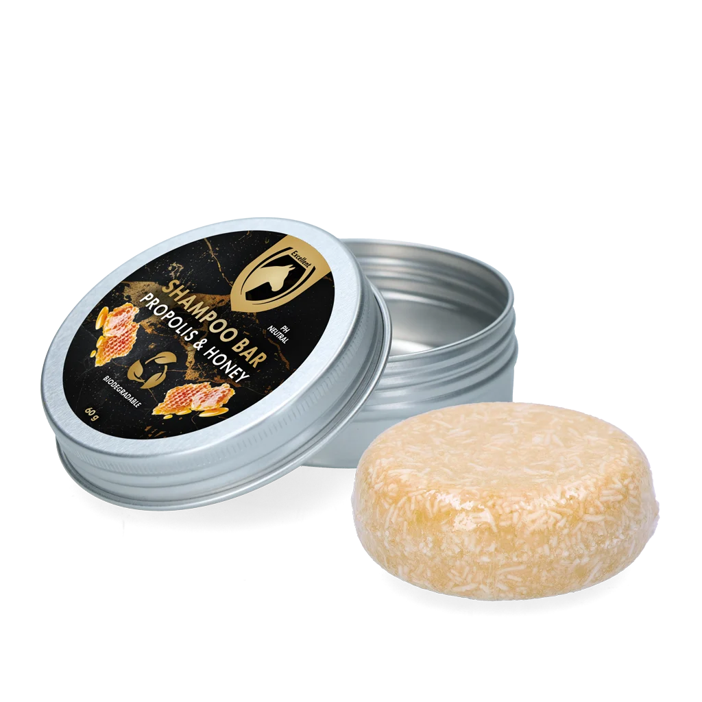 HIGL6058.png Festes Pferdeshampoo mit Conditioner, Propolis und Honig, 60 g – Excellent Horse Hi Gloss Shampoo Bar – Bild 1