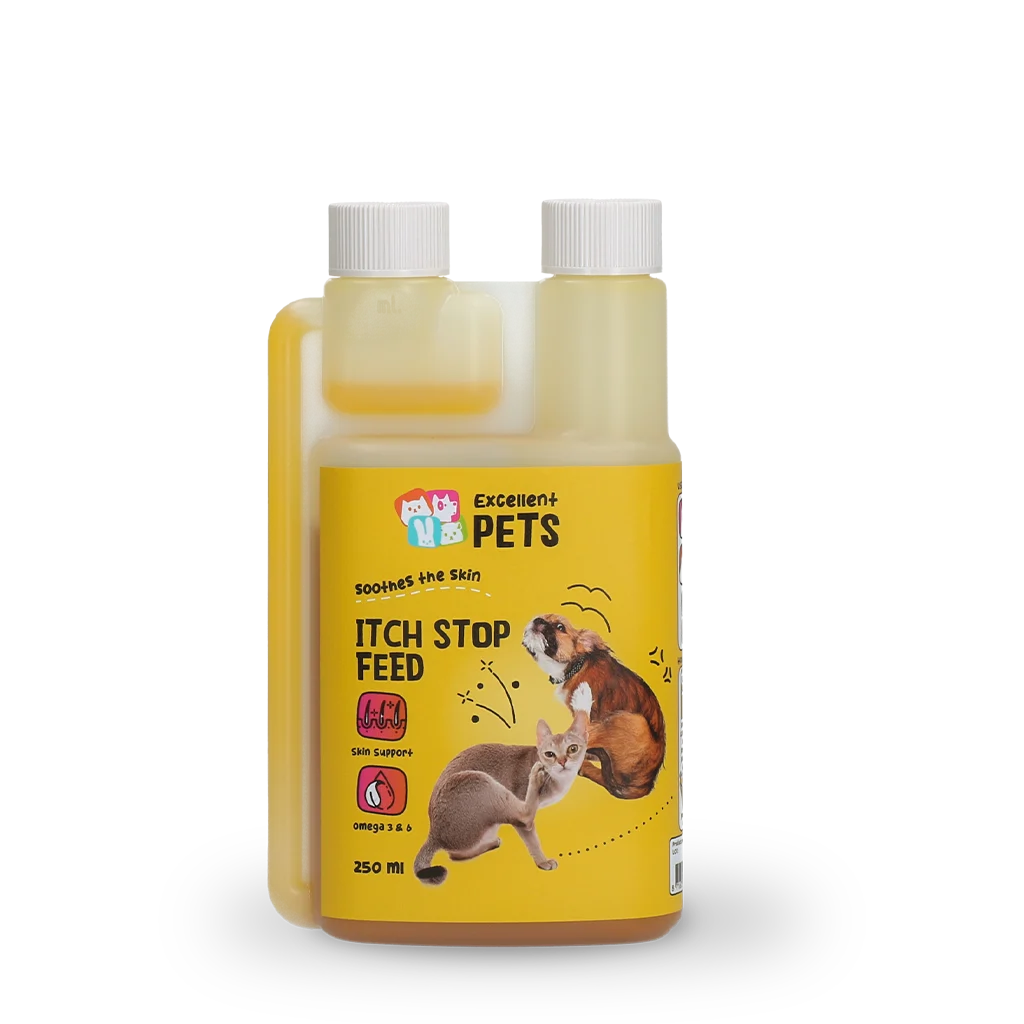 ITCH0010.png Futteröl für Hunde und Katzen mit Kamille, 250 ml – Excellent Pets Itch Stop Feed – Bild 1