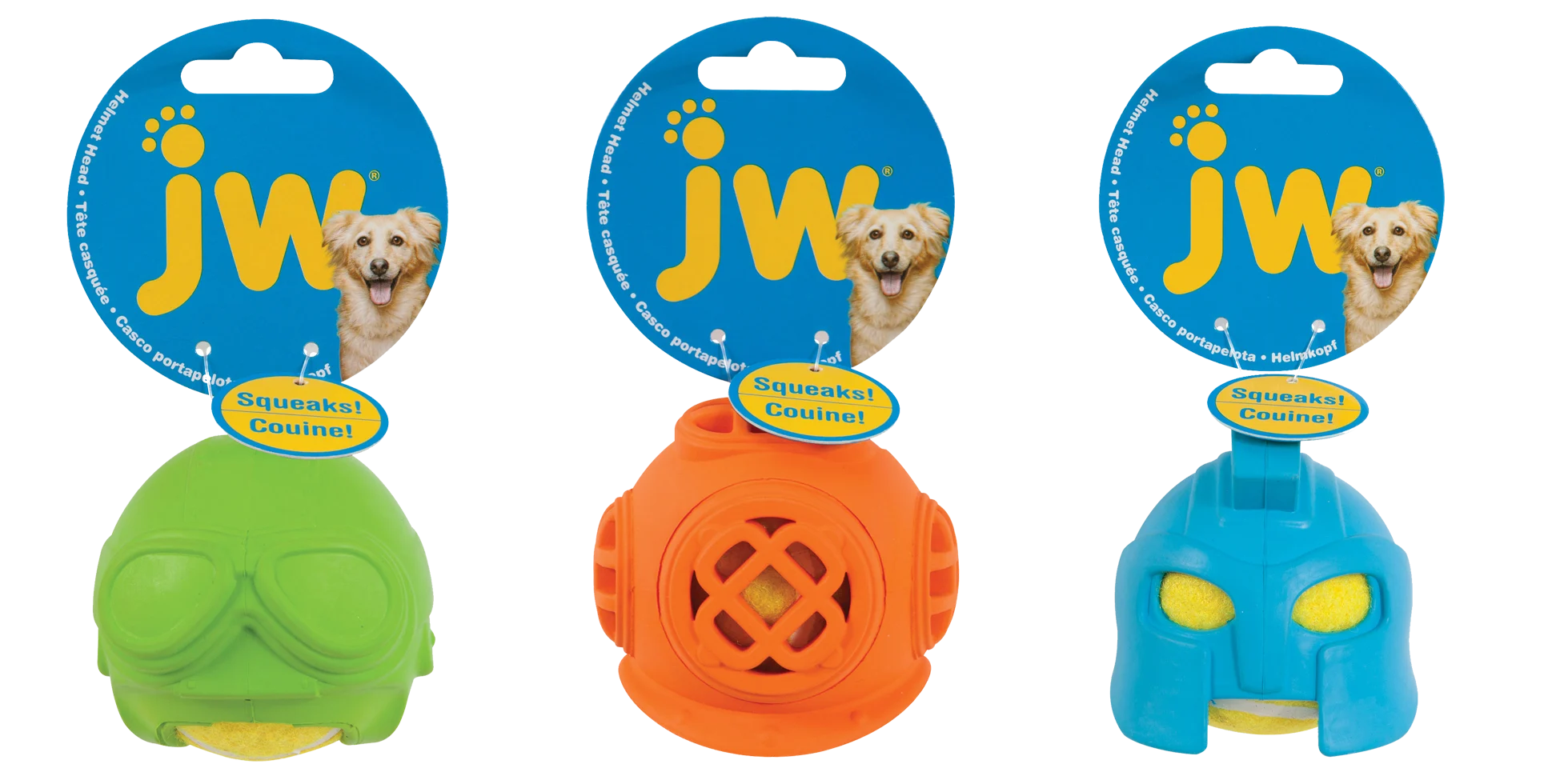 Tennisball für Hunde mit Quietscher und Gummihelm – JW Helmet Heads Diver – Bild 3