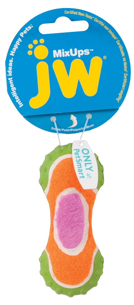 JW31031.png Hundespielzeug aus Plüsch, Gummi und Tennisballstoff, 10 cm – JW Mixups Ribbed Barbell S – Bild 1