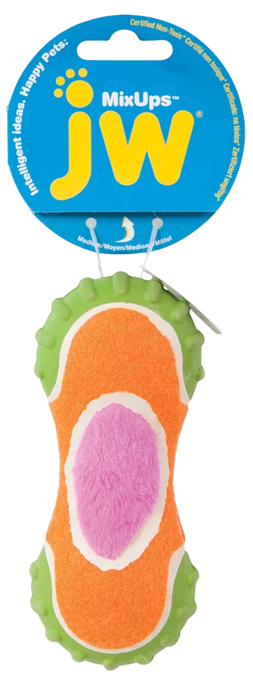 JW31033.png Hundespielzeug aus Plüsch, Gummi und Tennisballgewebe, 14 cm – JW Mixups Ribbed Barbell M – Bild 1