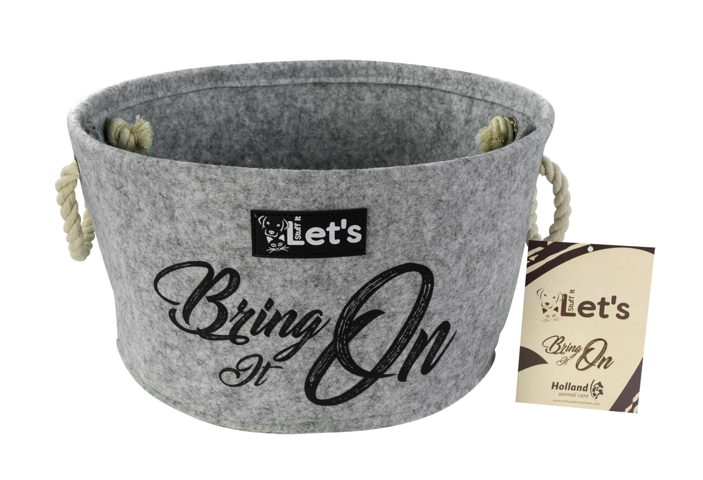 LETS387.png Filzkorb für Hundespielzeug mit Griffen, Grau, ø 36 cm – Let's Sleep Let's Stuff It Bring it On – Bild 1