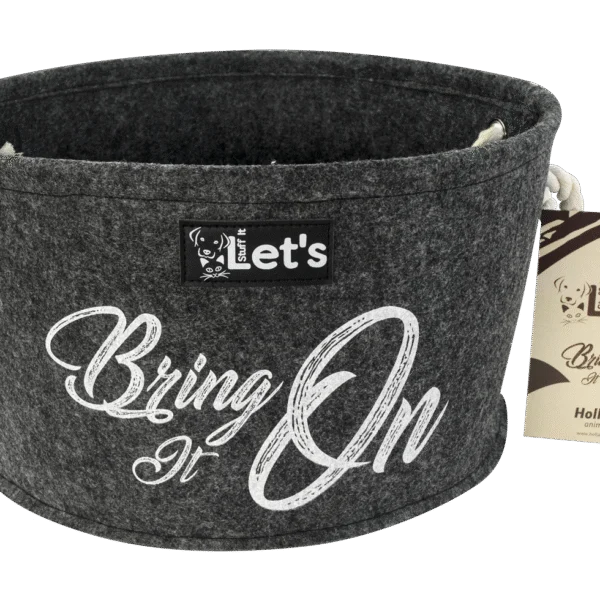 Filz Aufbewahrungskorb für Hundespielzeug mit Griffen, Anthrazit, ø 36 cm – Let's Sleep Let's Stuff It Bring it On
