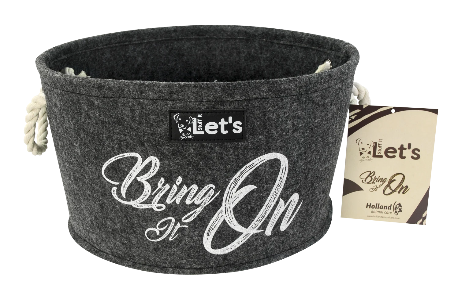 LETS388.png Filz Aufbewahrungskorb für Hundespielzeug mit Griffen, Anthrazit, ø 36 cm – Let's Sleep Let's Stuff It Bring it On – Bild 1