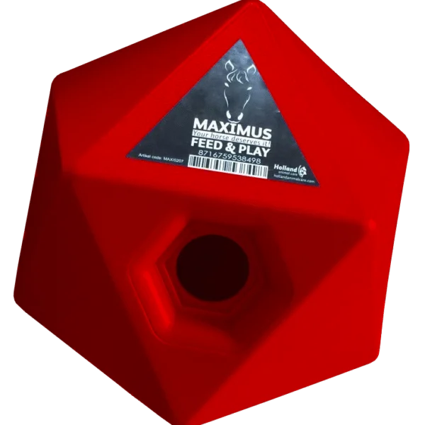 Futterwürfel für Pferde Rot, Leckerliöffnung 37 mm – Maximus Feed & Play Cube