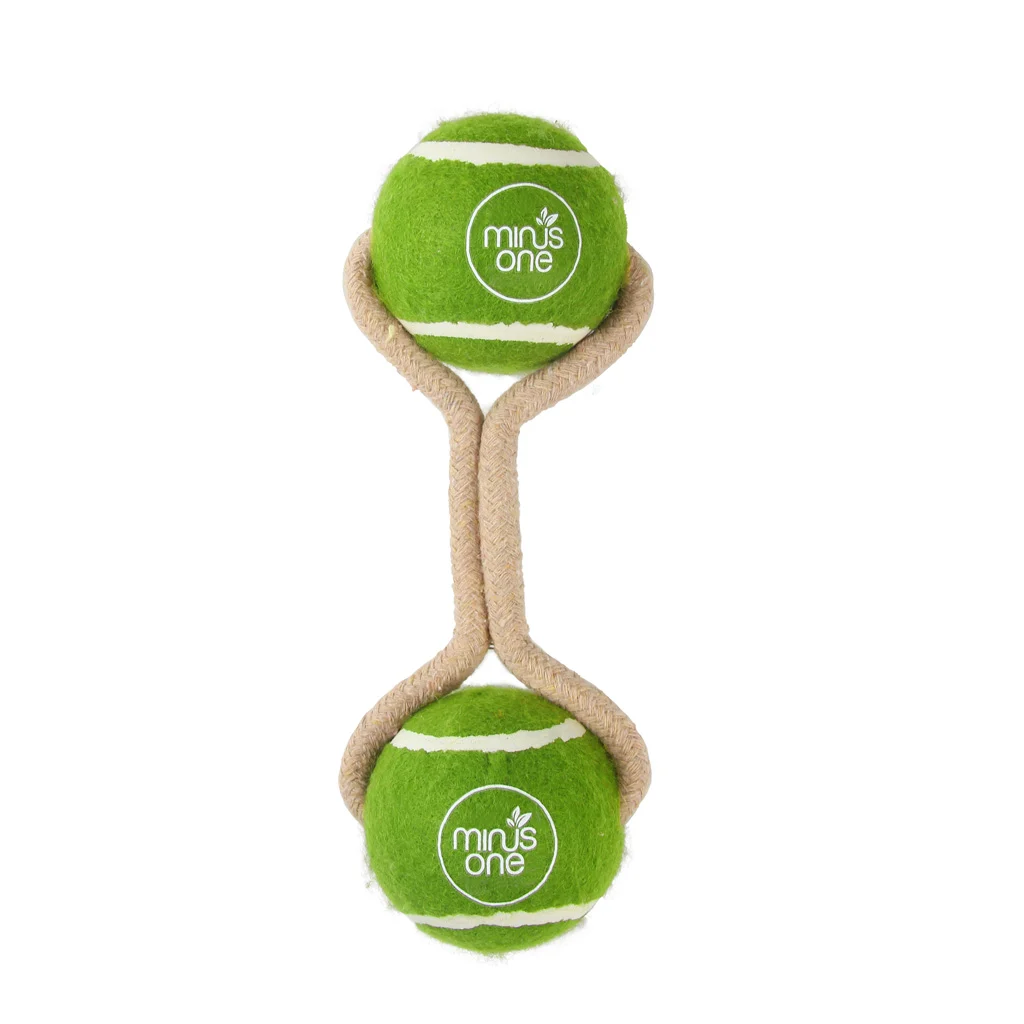 MINU37117.jpg Tennisbälle am Seil, 2 Stück – Minus One Dog Tennis Ball Rope Toy Double Meadow – Bild 1