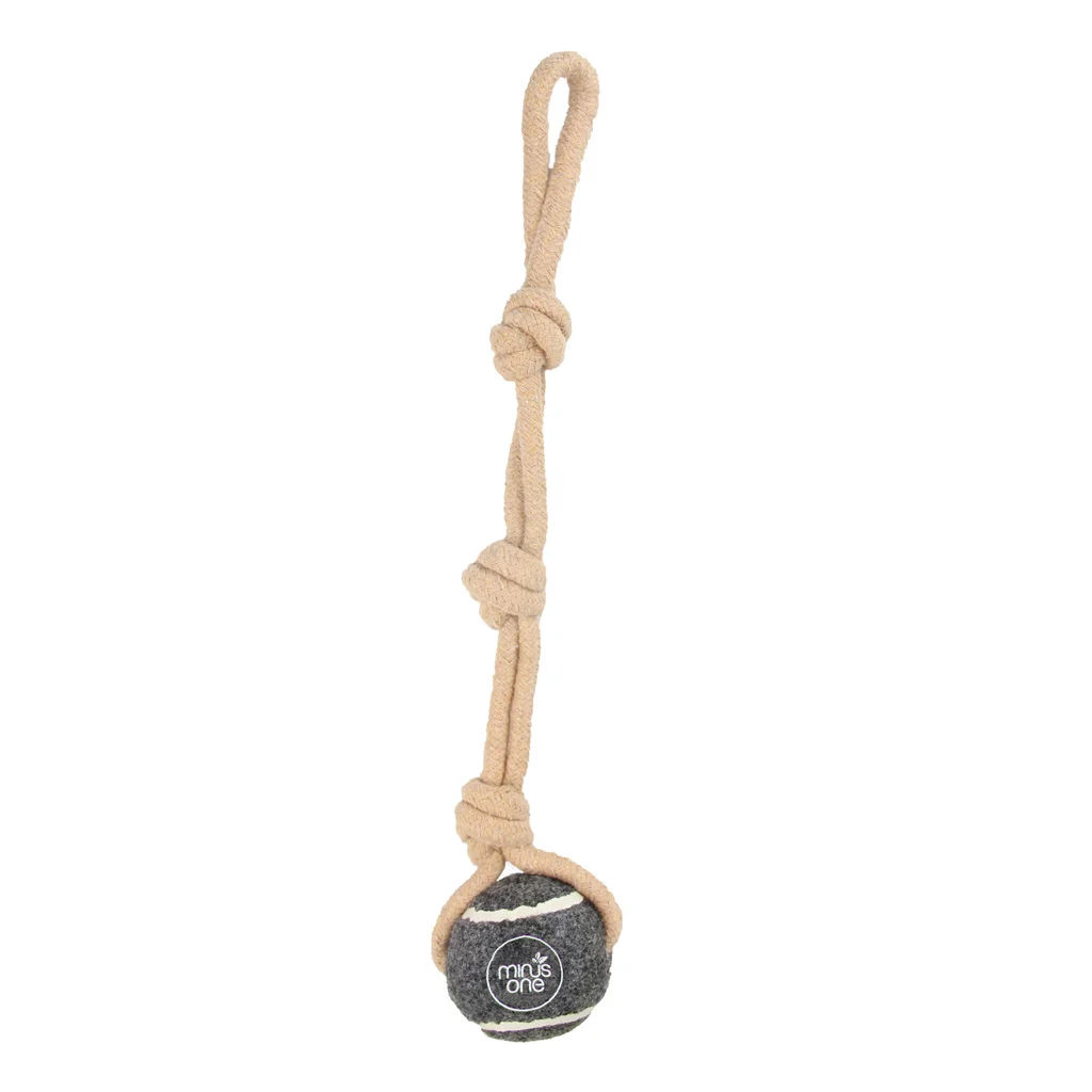 MINU37119.jpg Tennisball mit Seil, Grau – Minus One Dog Tennis Ball Rope Toy Single Grey – Bild 1