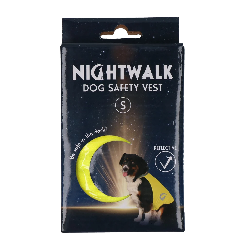 NIGH055.png Sicherheitsweste für Hunde mit reflektierenden Details und Klettverschluss, Gelb, S – Nightwalk Safety Vest – Bild 1