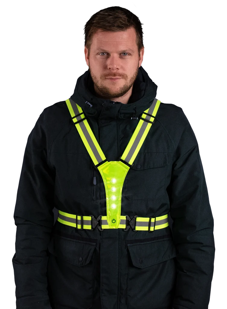 Sicherheitsgeschirr mit LED Beleuchtung, verstellbar, gelb – Nightwalk Human Safety Harness – Bild 3
