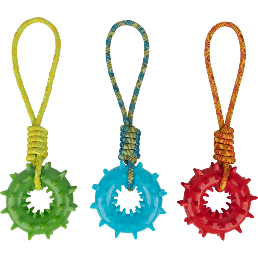 Zerrspielzeug für Hunde mit Noppen, Seil und Griff, sortiert – Pawise Play-N-Tug Ring With Handle – Bild 1