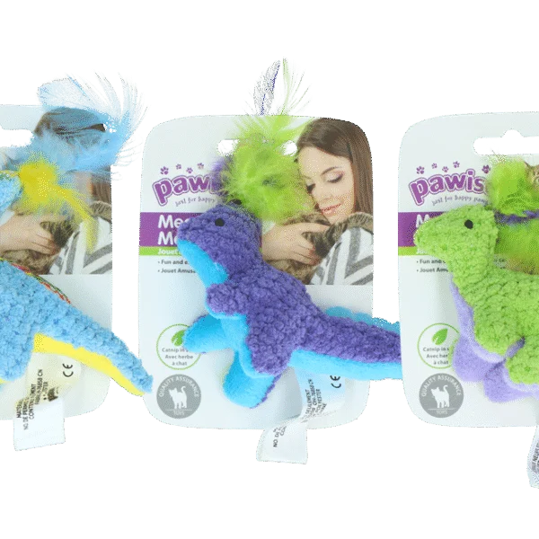 Katzenspielzeug zum Kuscheln mit Katzenminze und Federn, 12 x 12 cm – Pawise meow meow life Dinosaurier
