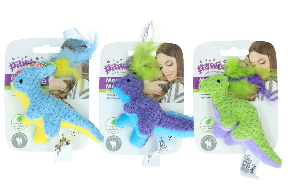PAWI28290.png Katzenspielzeug zum Kuscheln mit Katzenminze und Federn, 12 x 12 cm – Pawise meow meow life Dinosaurier – Bild 1