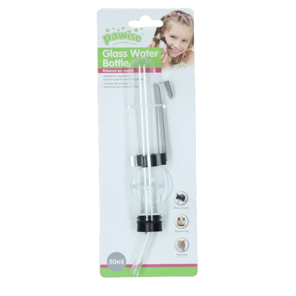Glastrinkflasche für Hamster mit Halter und Saugnapf, 50 ml – Pawise Hamster Glass Water Bottle